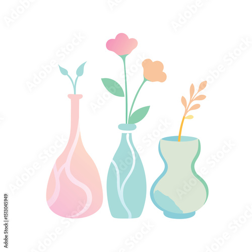 Pastel colored vases with simple flowers and greenery on a clean white background
