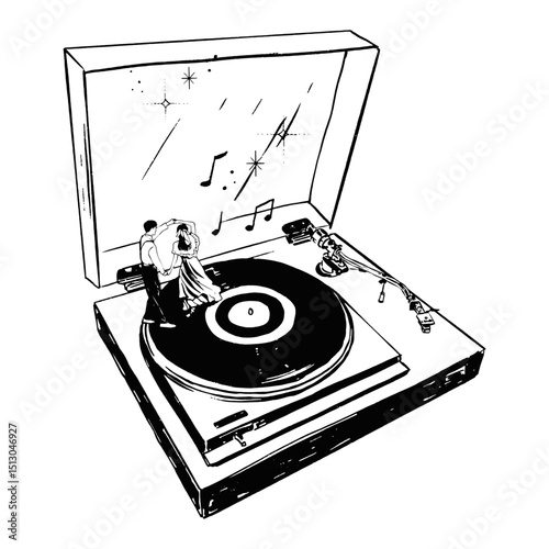 Turntable with vinyl record, analog player with dancing couple on turntable, hand drawn vintage illustration on transparent background