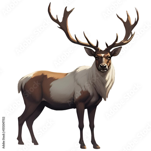 Elk, Big Horns, Brown White Fur, Dark Brown Eyes, Head Turn to the Right, Standing, Captured from Right Side