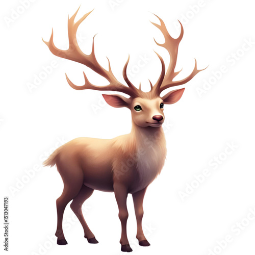 Female Deer (Doe), Beautiful Horns, Brown White Fur, Green Eyes Staring Upward, Red Nose, Standing, Captured from Right Side