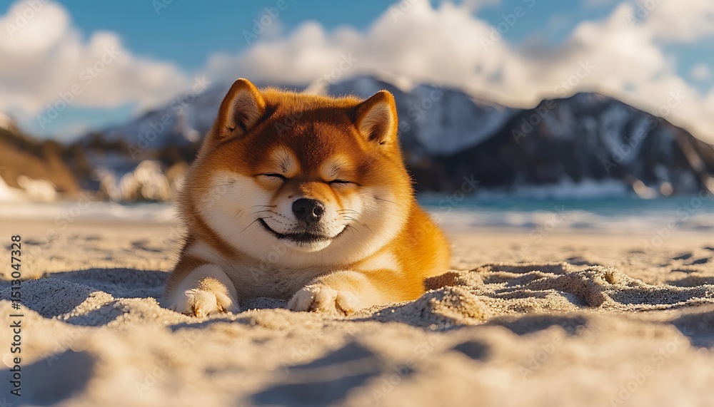 Shiba Inu dog relaxing on beach Shiba Inu dog relaxing on beach