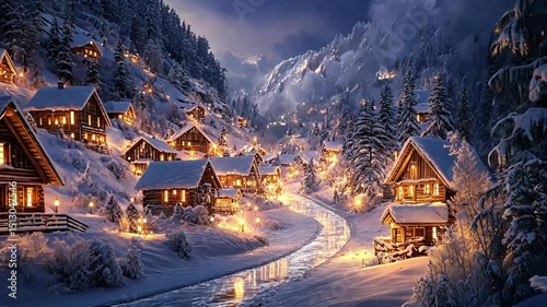 A picturesque winter village nestled in the snowy mountains, featuring cozy cabins with glowing lights, a meandering stream, and snow-covered evergreen trees, evoking a sense of peace and wonder