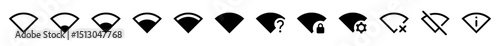 Set of Wi-Fi signal strength and network status icons including locked, disconnected, weak signal, error, and secure connection symbols for UI or mobile app design. Icons, vector.