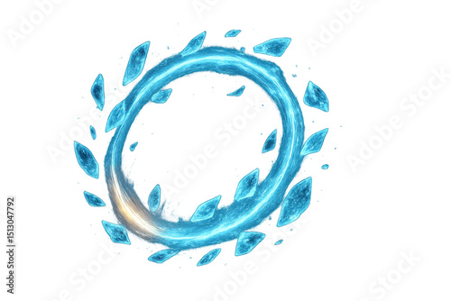 Luminous blue magic ice ring spinning, radiating ethereal glow against transparent backdrop with dynamic rotational movement