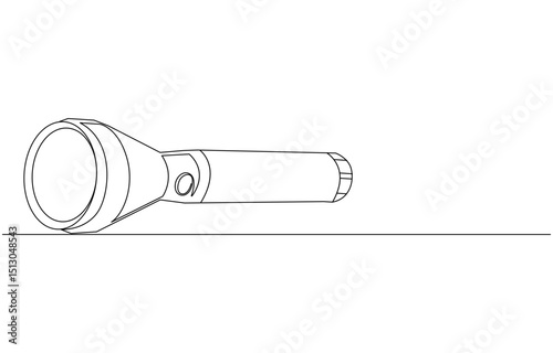 Line drawing of a flashlight lying on a surface, Continuous Line Drawing of a Flashlight, Single-Line Drawing of a Powerful Flashlight