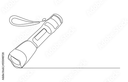 Line drawing of a flashlight lying on a surface, Continuous Line Drawing of a Flashlight, Single-Line Drawing of a Powerful Flashlight
