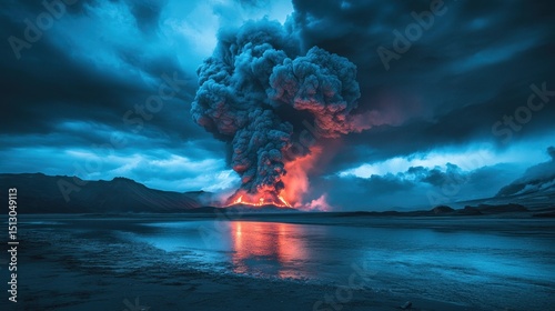 Dramatic volcanic eruption at night, fiery lava flowing near dark water. Perfect for climate change topics, environmental stories, or science articles.