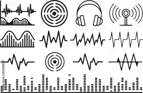 Sound wave outline icon set. Set of Sound waves, Equalizer, Audio waves, Radio signal, music recording symbol icons isolated on transparent background
