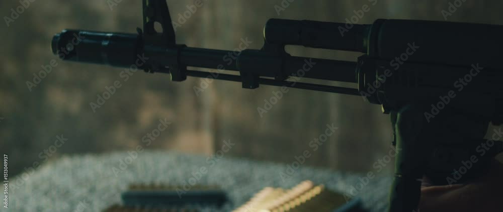 Rifle fires outdoors as muzzle flash bursts from barrel above ground mat with bullets in foreground