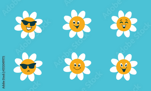 Daises with cute faces cartoon illustration set. Happy white camomiles characters smiling or laughing, expressing different emotions on blue background.
