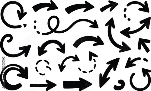 A collection of hand drawn black arrow shapes with various styles pointing in many different directions on white