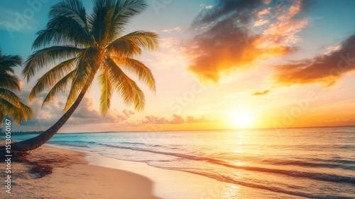 Captivating tropical beach landscape during stunning sunset with palm trees
