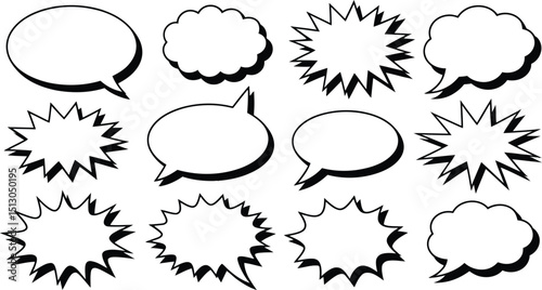 A collection of various blank comic speech bubbles and thought bubbles in black and white design for text display