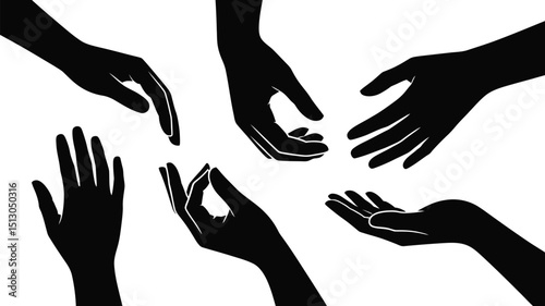 Silhouetted black hands in various positions conveying gestures of reaching giving and receiving on white background