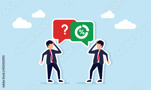 Two businessmen confused with chat dialog showing question mark and pie chart illustration of questioning classification of business profit dividend distribution