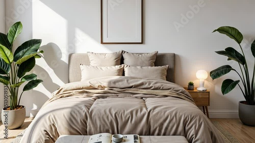 Modern bedroom with cozy bed and plants in natural light