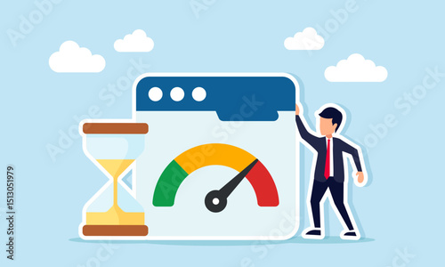 Businessman standing beside hourglass and app interface showing level indicator illustration of schedule or timeline related to business monitoring