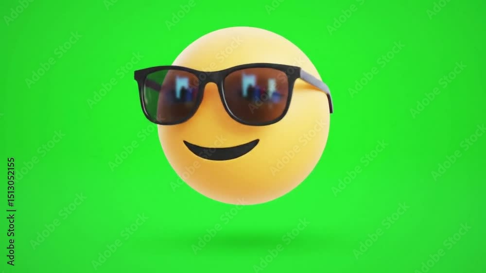A cheerful yellow emoji with a cool attitude, sporting black sunglasses and a happy smile against a vibrant green background