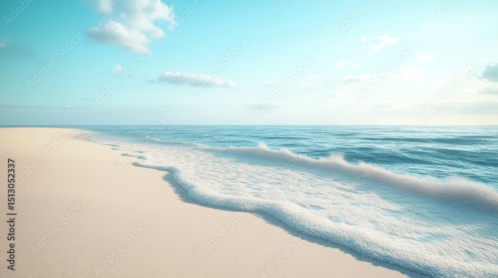 Fototapeta premium Pristine beach sunrise; tranquil ocean waves. Possible use Travel brochure, relaxation website, nature background