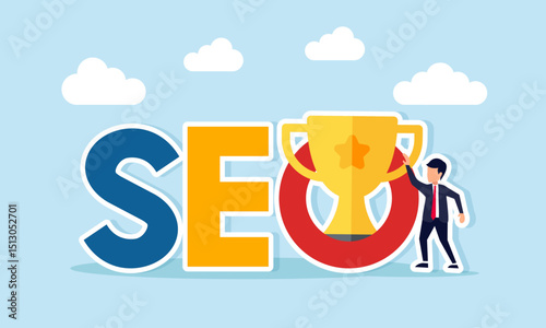 Businessman standing next to SEO text with a trophy illustration of applying keyword search engine optimization to maintain business consistency as a leading company