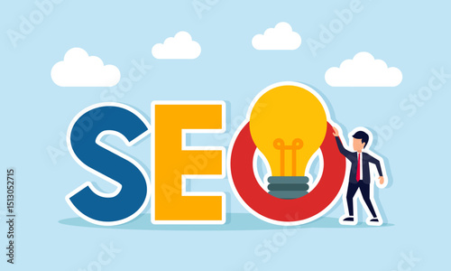 Businessman standing next to SEO text with a lit lamp illustration of idea application for keyword search engine optimization in business