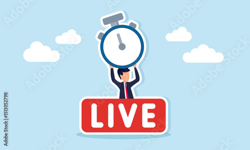 Businessman emerging from behind a live sign holding a stopwatch illustration of business multimedia live broadcast timeline