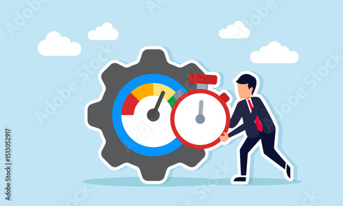 Businessman holding stopwatch beside gear with level indicator illustration of scheduled business system maintenance for improvement