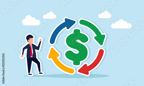 Businessman standing beside dollar sign with circular arrow illustration of business financial flow
