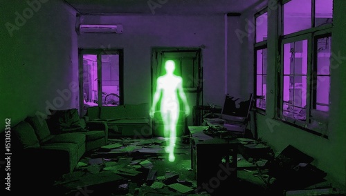 Wallpaper Mural Green ghost is walking through a room with purple walls. The room is dark and the ghost is glowing Torontodigital.ca