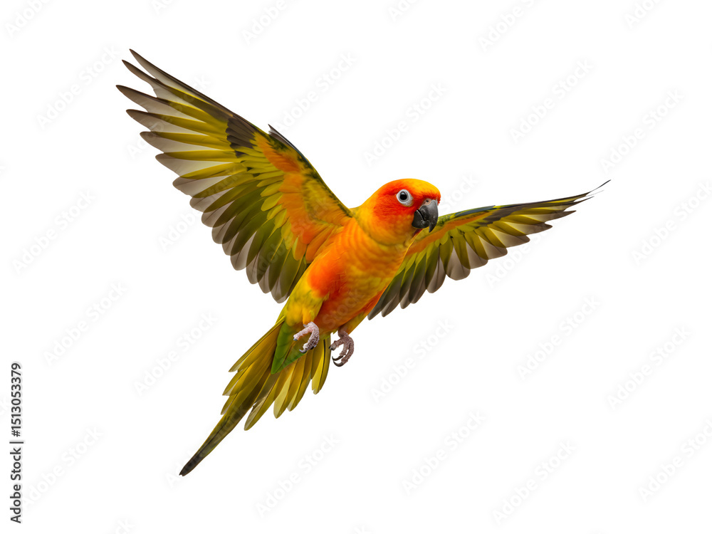 Fototapeta premium A vivid Sun Conure parrot in full flight, with wings fully spread and radiant feathers glowing in hues of orange, yellow, and green, isolated on a transparent background—ideal for wildlife projects, t