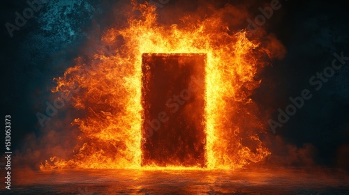 Fiery portal on a dark surface, an intensely burning frame around a dark rectangle. Use this image to symbolize transformation, danger, or a new opportunity.