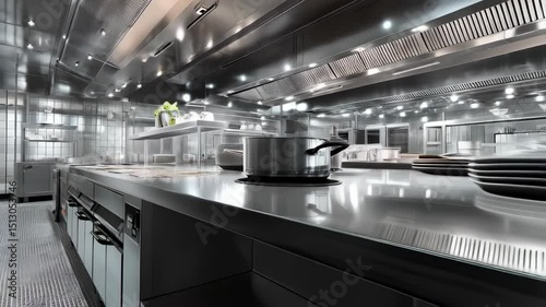 Modern commercial kitchen with stainless steel equipment, sleek design, and organized layout, featuring plates, pans and cooking tools.