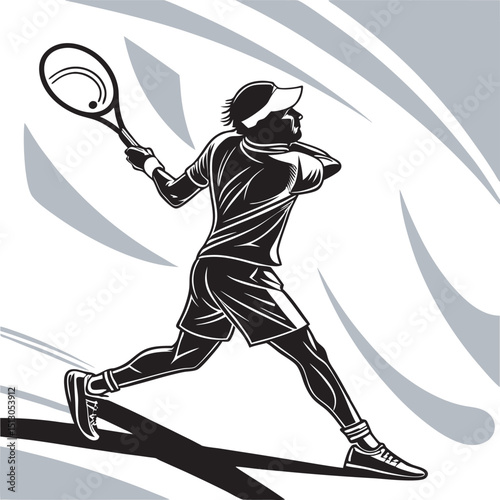 Male Tennis Player Forehand Swing, Isolated Silhouette
