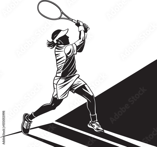 Female Tennis Player Forehand Swing, Isolated Silhouette
