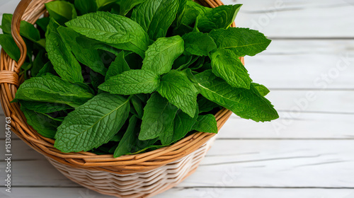 Basket full of fresh mint leaves on a white wooden background