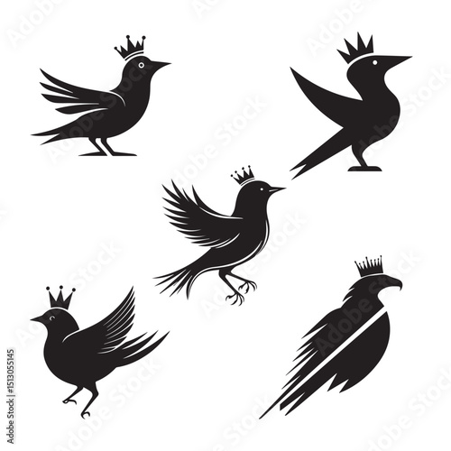 Five regal birds crowned majestically silhouettes