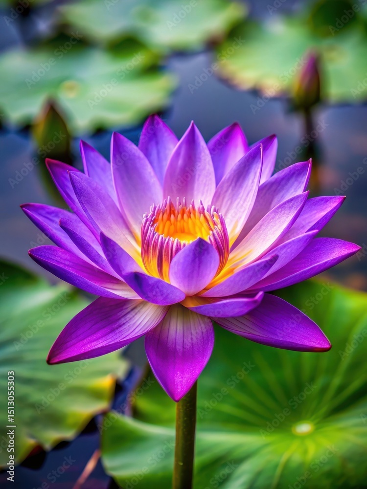 Detailed image of a single purple lotus flower with its intricate details and fine pollen grains on the surface Detailed image of a single purple lotus flower with its intricate details and fine pollen grains on the surface