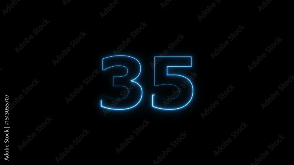 thirty five number display neon bright flat style royal blue color animation. Glowing royal blue neon countdown timer 35 number animation on black background. thirty five number display neon bright flat style royal blue color animation. Glowing royal blue neon countdown timer 35 number animation on black background.