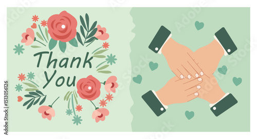 Heartfelt Thank You Card Illustrations with Floral Accents and Caring Gestures-05