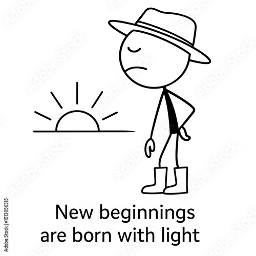 Stick figure looking at sunrise with new beginning quote