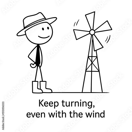 Stick figure watching windmill with quote in black and white