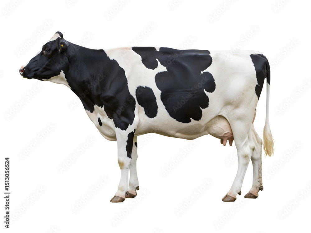 A quirky black and white dairy cow with classic spotted fur, humorously standing upright on two legs like a human, full-body isolated PNG with transparent background, perfect for comic designs, farm b A quirky black and white dairy cow with classic spotted fur, humorously standing upright on two legs like a human, full-body isolated PNG with transparent background, perfect for comic designs, farm b