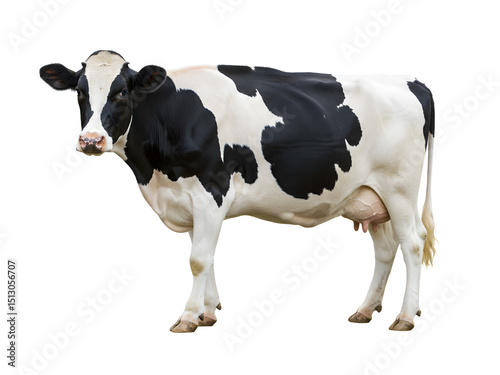 A quirky black and white dairy cow with classic spotted fur, humorously standing upright on two legs like a human, full-body isolated PNG with transparent background, perfect for comic designs, farm b