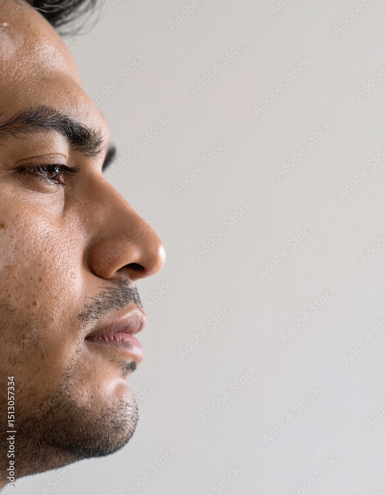 Obraz premium A man stands outdoors, his hair tousled by the gentle breeze, with a joyful expression on his face, surrounded by lush greenery and a clear blue sky.