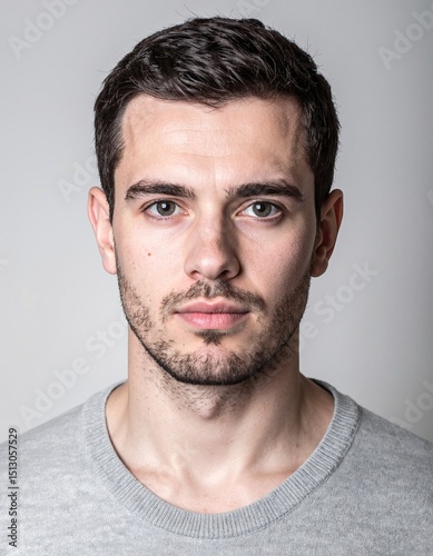 A man with short, neatly styled hair wears a cozy grey sweater, exuding a relaxed yet stylish vibe, standing against a softly blurred background.