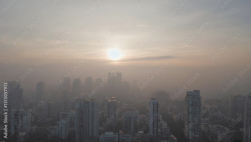 Fototapeta premium City skyline with a sun in the sky. The sun is setting and the sky is hazy