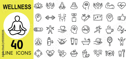 Self-Care and Wellness Icons – Meditation, Yoga, Health, Balance, Detox, Relaxation, Fitness, Spa, Nutrition, Calm, Therapy, Sleep, Mindfulness, Healing, Peace