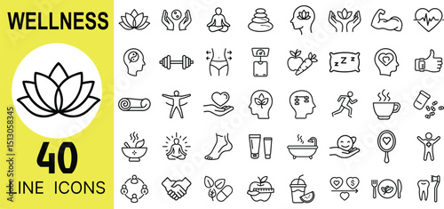 Wellness Icons set – Meditation, Yoga, Health, Fitness, Nutrition, Relaxation, Mindfulness, Spa, Therapy, Selfcare, Balance, Healing, Exercise, Detox, Calm