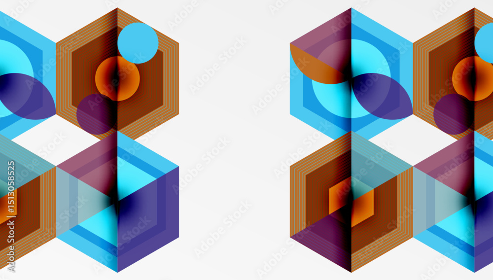 Geometric patterns repeat. Hexagons, circles, lines create complex visual texture. Warm, cool colors contrast, offering depth.