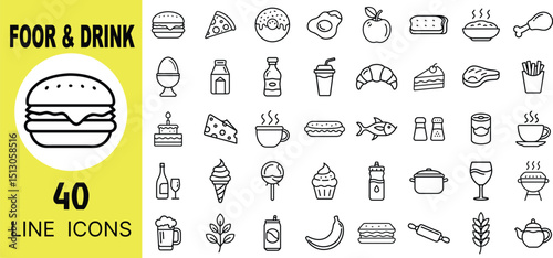 Food and Drink Icon Set – Burger, Pizza, Coffee, Tea, Cupcake, Soda, Wine, Fork, Knife, Plate, Donut, Ice Cream, Beer, Juice, Spoon, Cocktail, Chef Hat Symbols